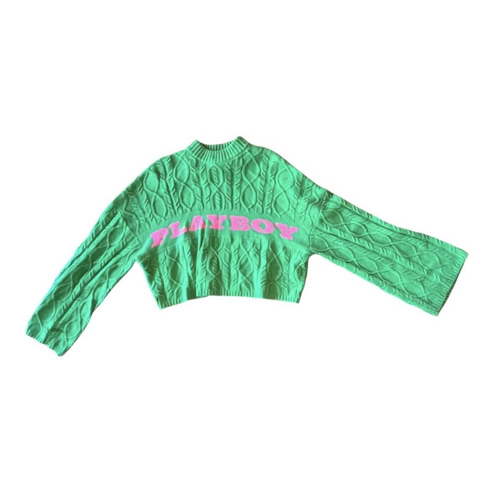 Playboy x Missguided Cropped Sweater Green Pink Logo Women’s Small US 4